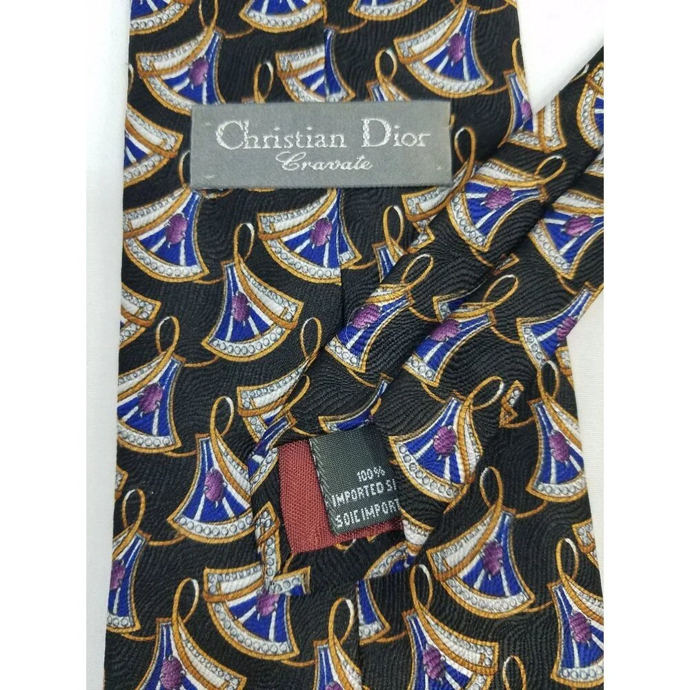 Christian Dior Cravate Mens Necktie Silk Tie Black Blue Abstract Geometric Fan P